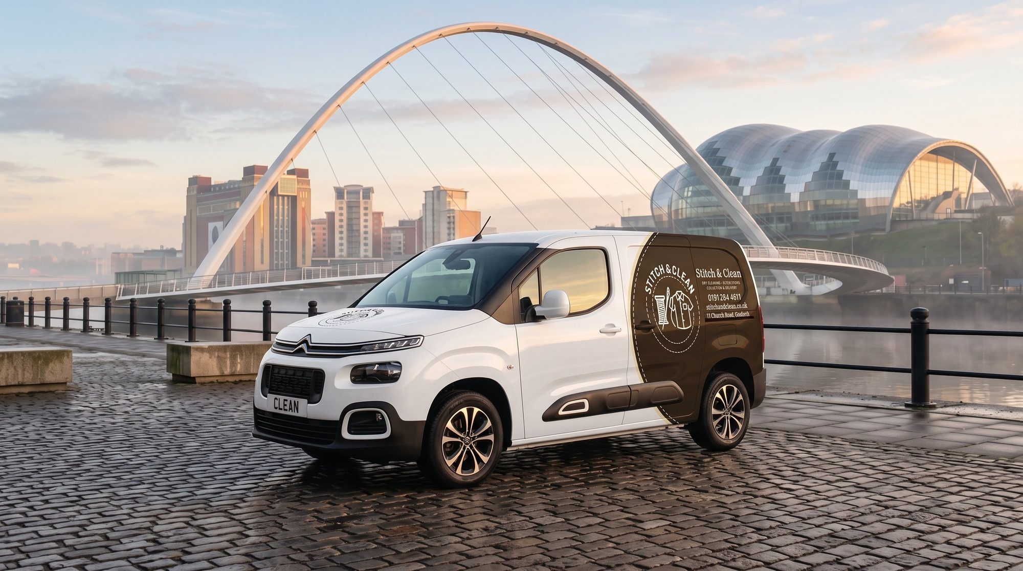 The Stitch & Clean collection and delivery van on Newcastle Quayside in front of the Millennium Bridge at sunrise